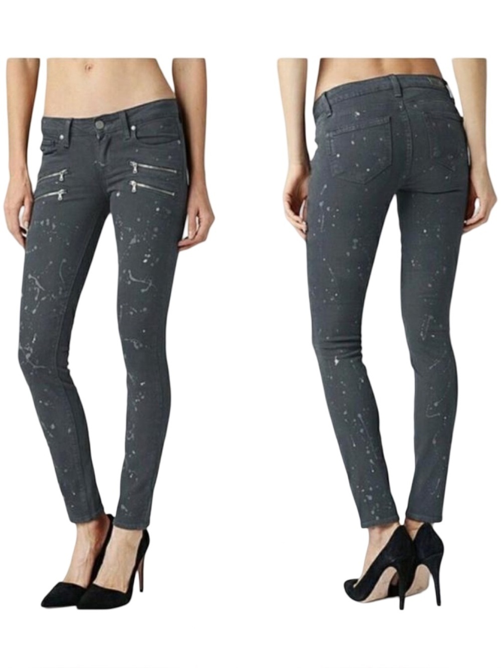 HP🎉 PAIGE Edgemont Grey Zip Paint Splatter Skinny Jeans Size 27